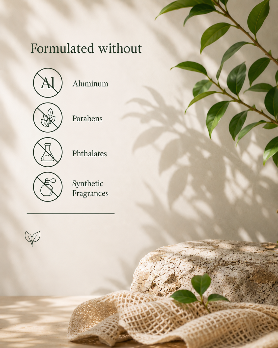 Product packaging with sustainability features listed and natural background