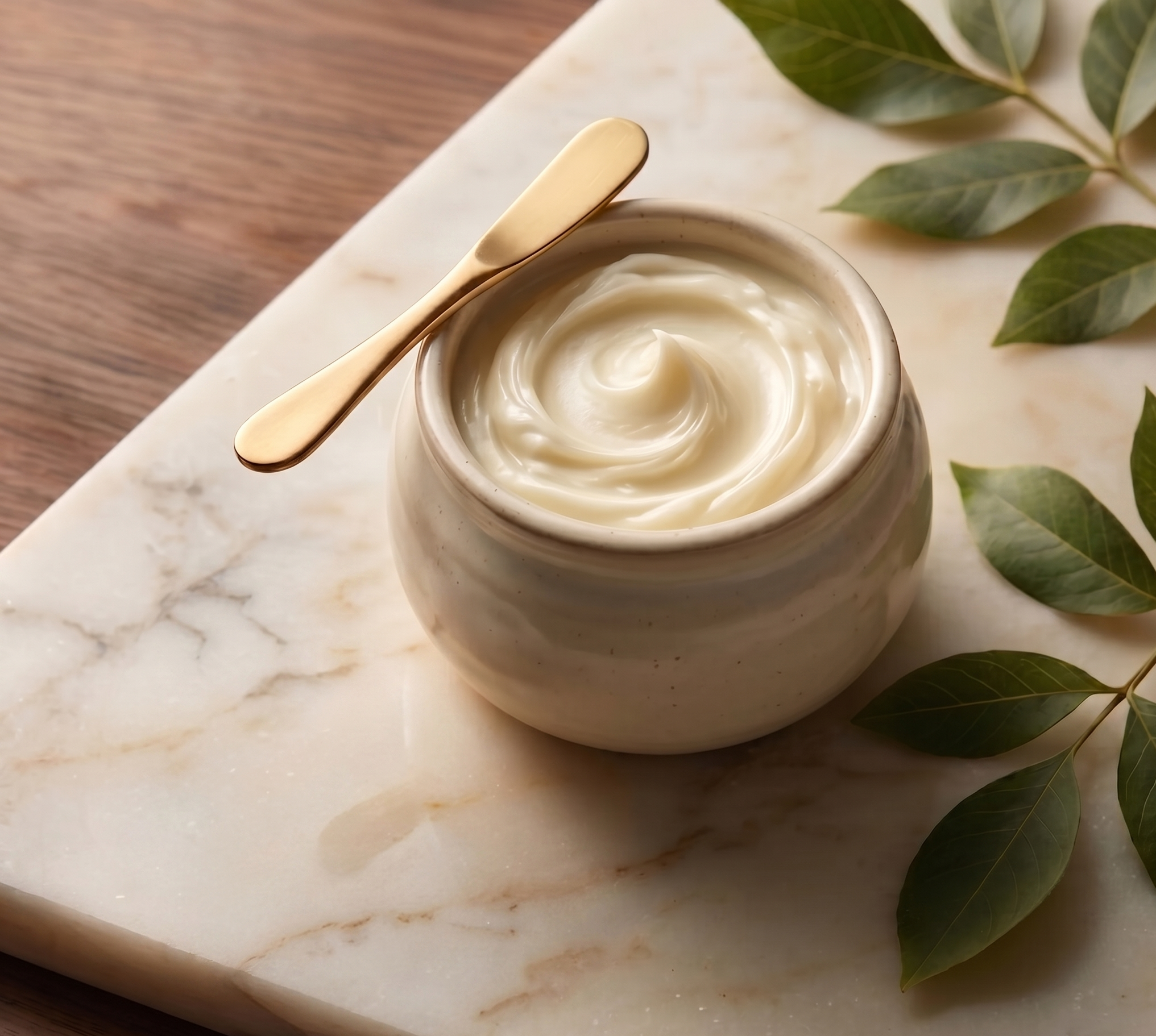 Jar of cream with a gold spoon on a marble surface with cotton and leaves